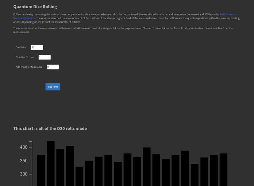 An image of the roll screen for rolling quantum dice